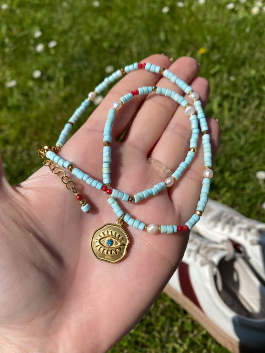 santorini • naszyjnik z turkusu i koralu złoty