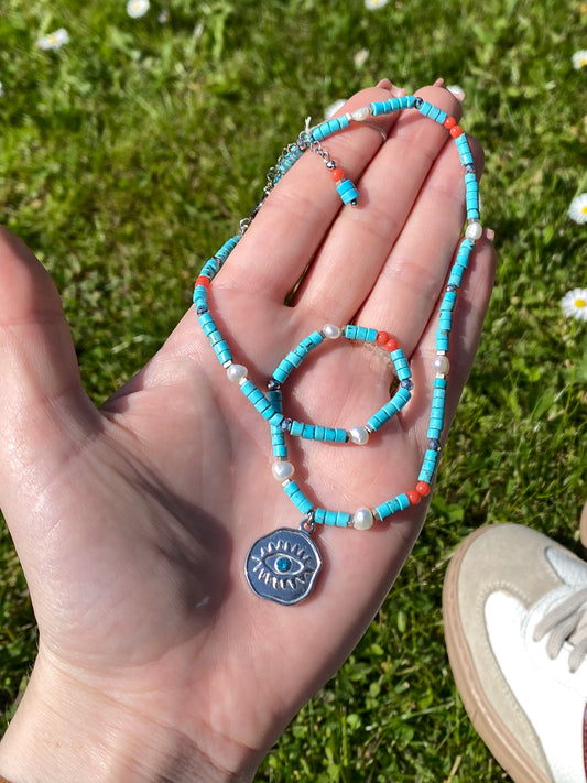 santorini • naszyjnik z turkusu i koralu srebrny