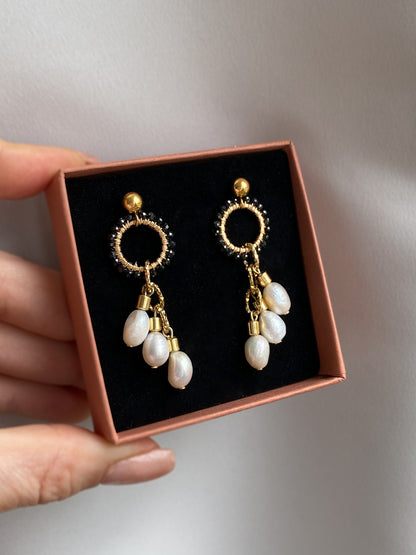 princess tiziana • plecione kolczyki z czarego turmalinu z perłami