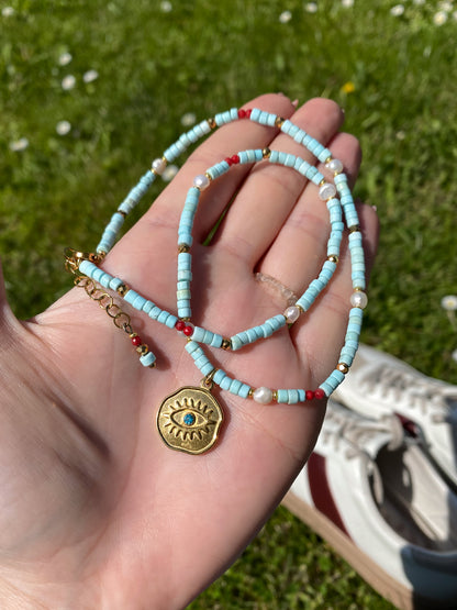 santorini • naszyjnik z turkusu i koralu złoty